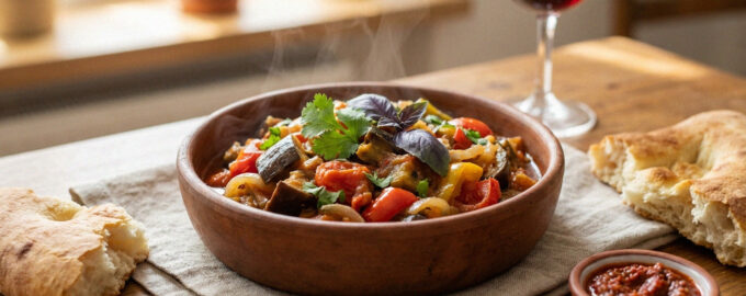 Classic Georgian Ajapsandali vegetable ragout with fried eggplant, red bell peppers, tomatoes, and fresh cilantro