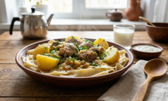 Готовый бешбармак из курицы с картошкой и луком на большом блюде