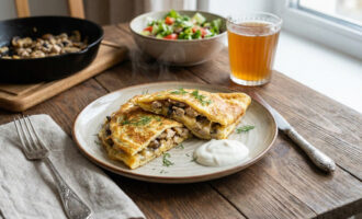 Сочный бризоль из куриного фарша с начинкой из шампиньонов и сыра в яичном блине