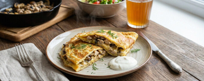 Сочный бризоль из куриного фарша с начинкой из шампиньонов и сыра в яичном блине