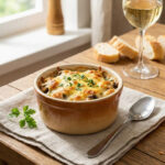 Приготовленный жульен с курицей и грибами с золотистой сырной корочкой в кокотницах