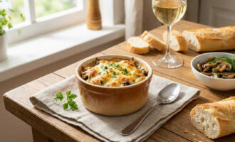 Приготовленный жульен с курицей и грибами с золотистой сырной корочкой в кокотницах