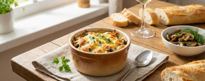 Приготовленный жульен с курицей и грибами с золотистой сырной корочкой в кокотницах
