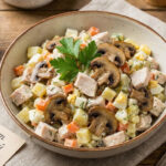 Вкусный салат с курицей и грибами на тарелке - рецепт за 20 минут