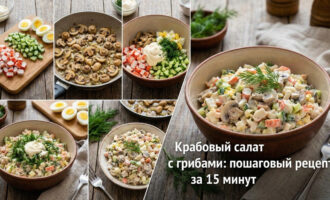 Аппетитный крабовый салат с грибами в салатнице крупным планом