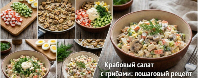 Аппетитный крабовый салат с грибами в салатнице крупным планом