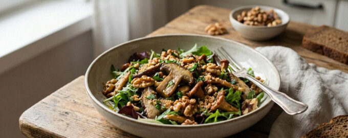 Тарелка свежего салата с жареными грибами и грецкими орехами крупным планом