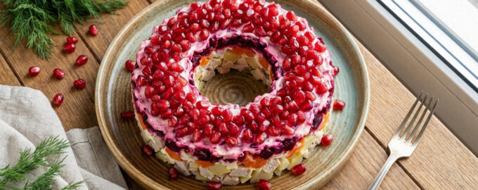 Слоеный салат Гранатовый браслет с курицей в форме кольца, украшенный зернами граната