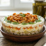 Салат Грибная поляна с маринованными опятами и куриным филе крупным планом