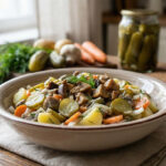 Приготовленный салат с грибами и солёными огурцами на тарелке