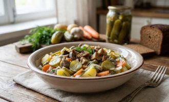 Приготовленный салат с грибами и солёными огурцами на тарелке