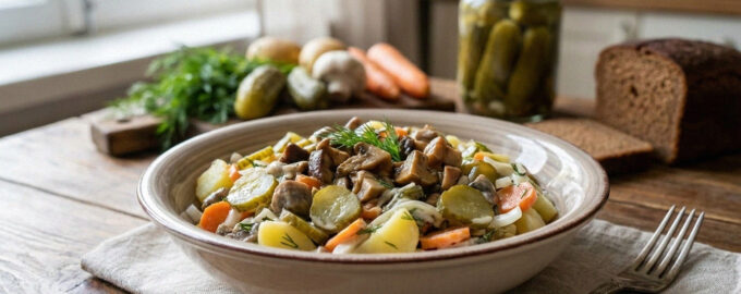 Приготовленный салат с грибами и солёными огурцами на тарелке