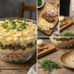 Готовый слоеный салат с курицей и грибами на тарелке