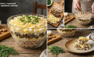Готовый слоеный салат с курицей и грибами на тарелке