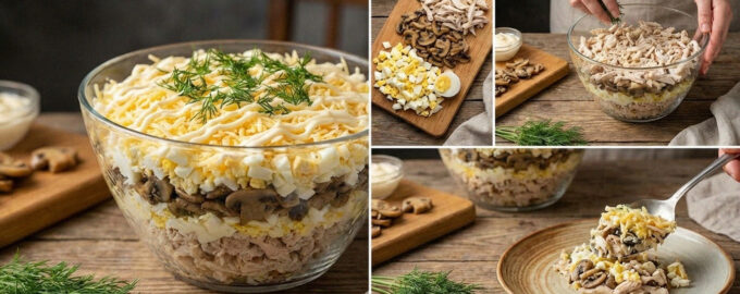 Готовый слоеный салат с курицей и грибами на тарелке