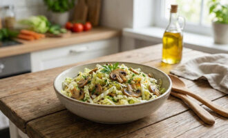 Салат с пекинской капустой и грибами на тарелке