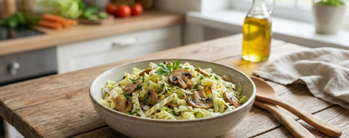 Салат с пекинской капустой и грибами на тарелке