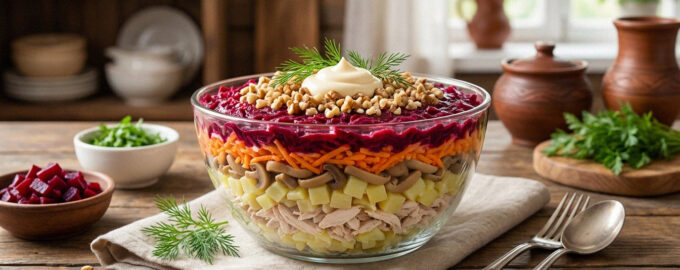 Классический рецепт салата Русская красавица с курицей и овощами