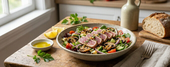 Вкусный салат с грибами и тунцом на тарелке, фото рецепта