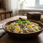 Салат с маринованными грибами и яйцами на тарелке крупным планом