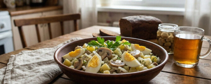 Салат с маринованными грибами и яйцами на тарелке крупным планом