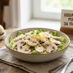 Вкусный салат с жареными шампиньонами и сыром на тарелке