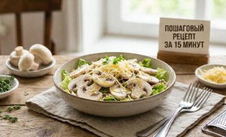Вкусный салат с жареными шампиньонами и сыром на тарелке
