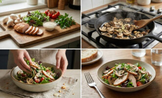 Салат с копченой курицей и жареными грибами на тарелке