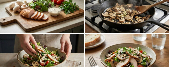Салат с копченой курицей и жареными грибами на тарелке