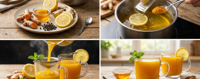 Горячий чай с куркумой, имбирем, лимоном и черным перцем в кружке