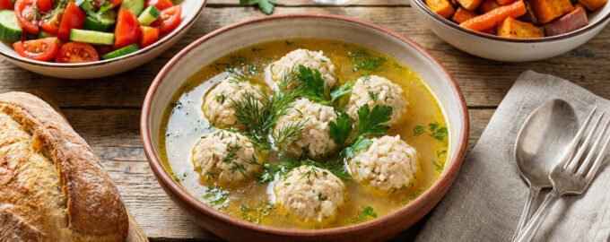 Диетические вареные куриные тефтели с рисом и зеленью