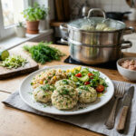 Диетические паровые котлеты из куриной грудки с кабачком на тарелке