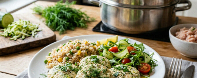 Диетические паровые котлеты из куриной грудки с кабачком на тарелке