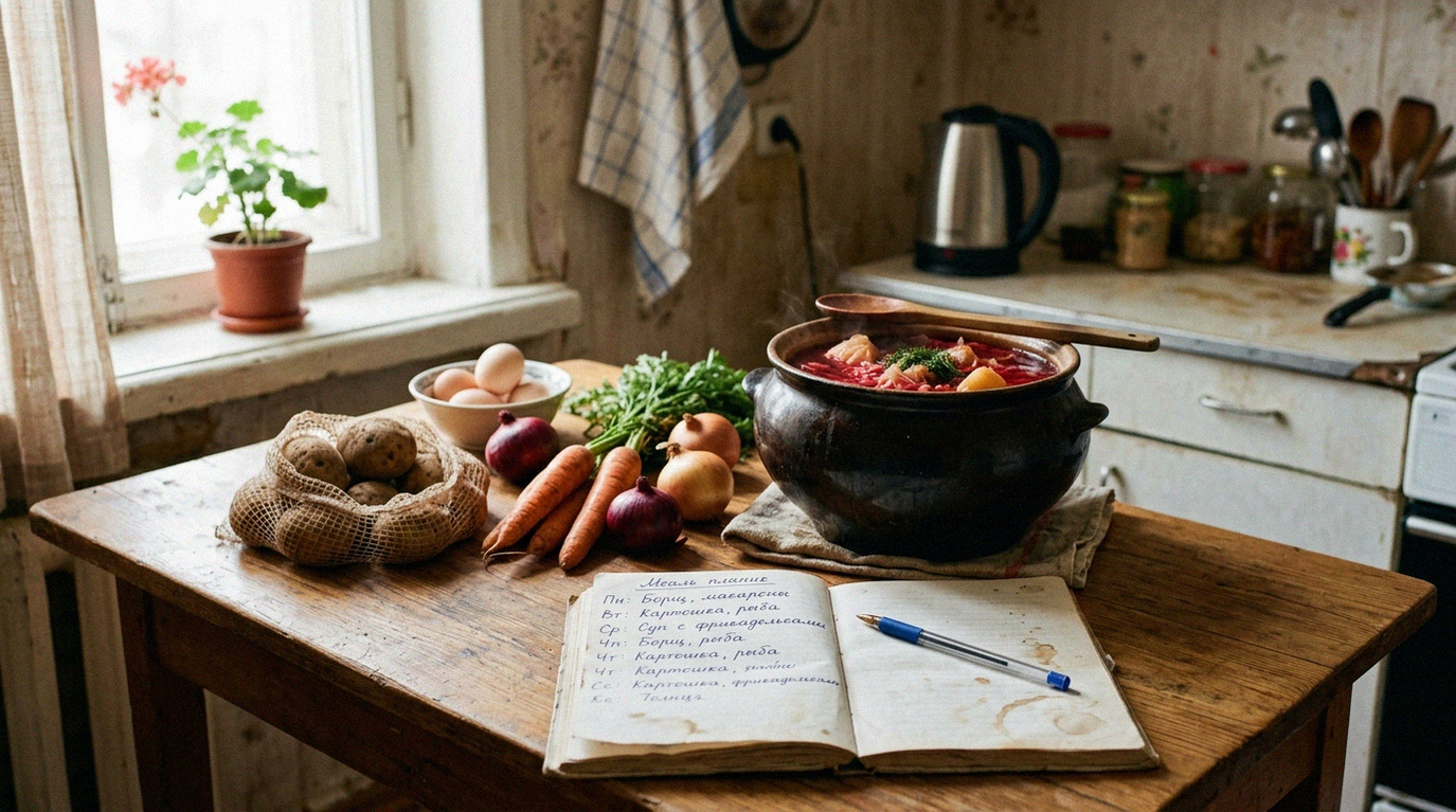Бюджетное меню на неделю: блокнот с планом и продукты на кухонном столе