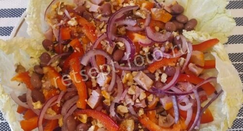 Салат с копченой курицей и фасолью, рецепт с фото