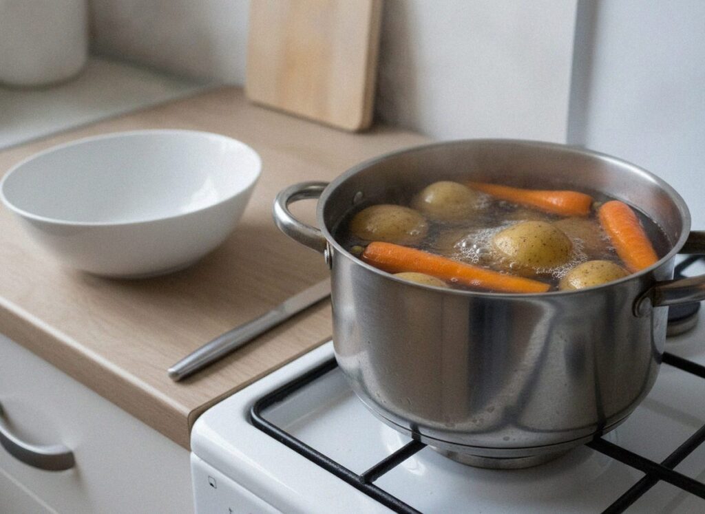 Картофель и морковь для оливье варятся в кожуре в кастрюле
