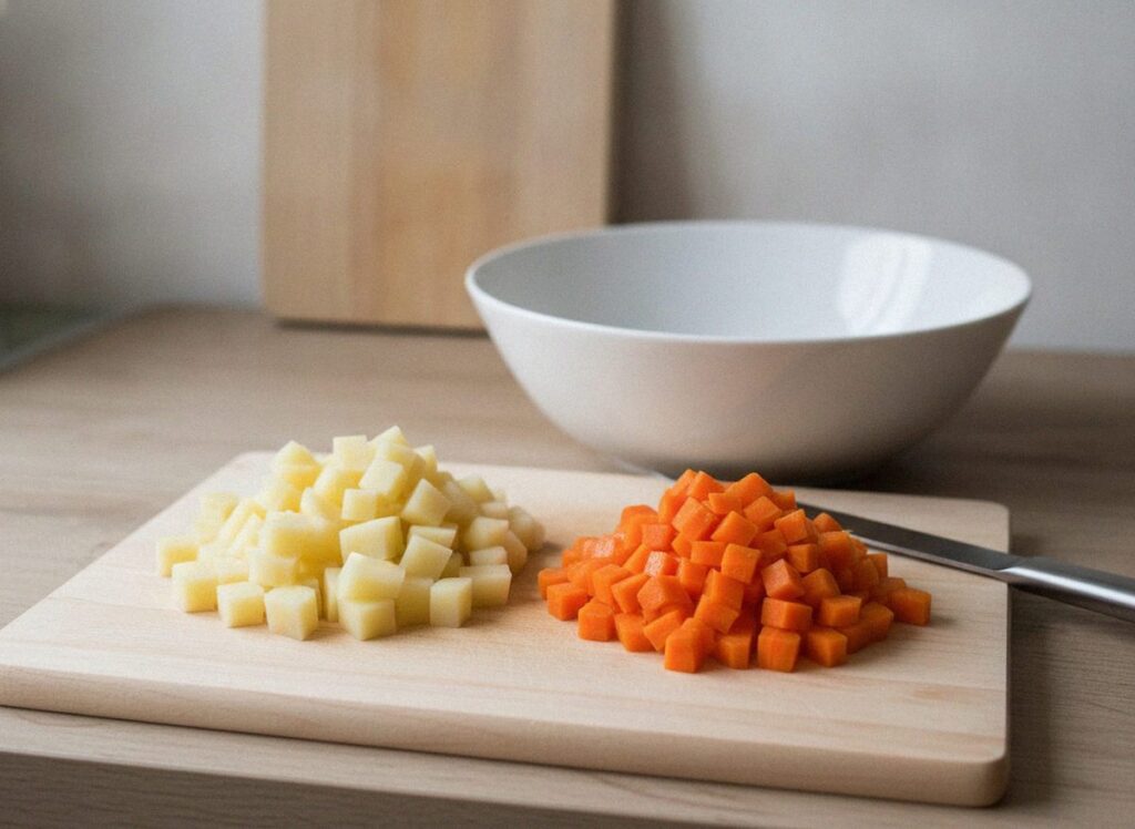 Картофель и морковь для оливье нарезаны кубиком на доске