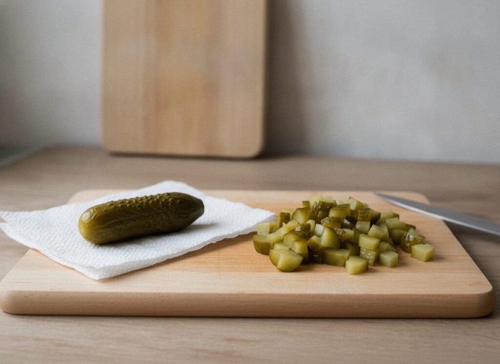 Солёные огурцы для оливье обсушены и нарезаны кубиком