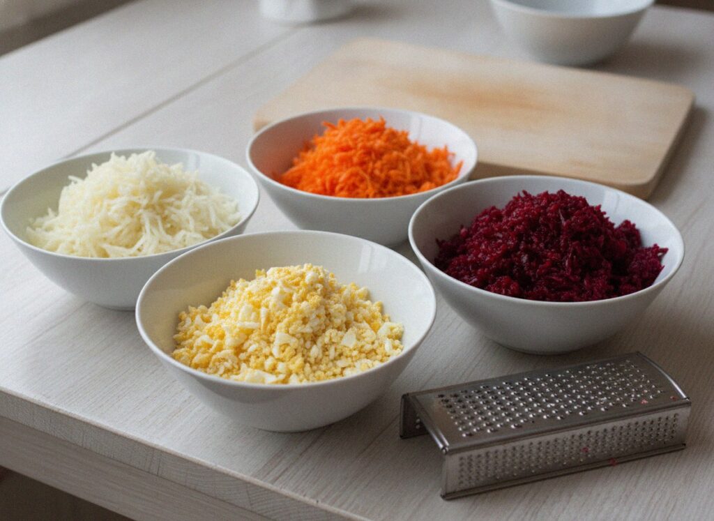 Натёртые картофель, морковь, яйцо и свёкла в мисках