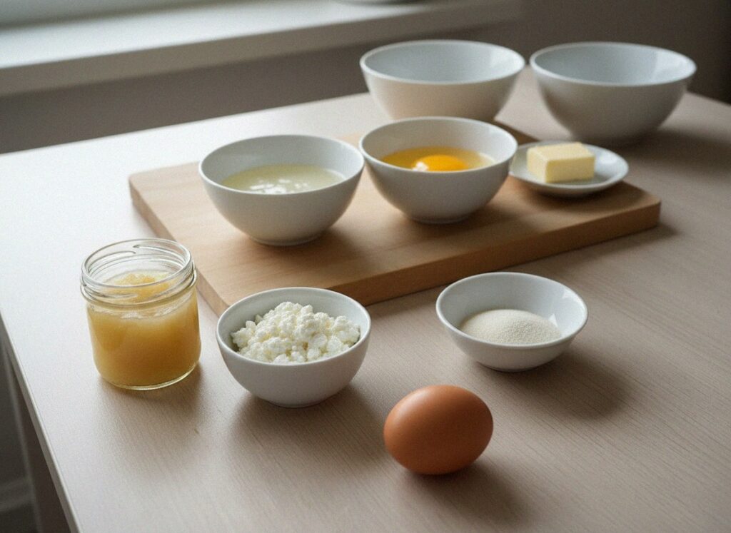 Продукты для суфле: детское фруктовое пюре, творожок, яйцо с отделённым белком, манка и сливочное масло