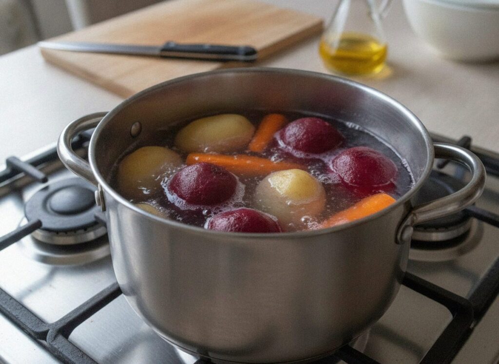 Свёкла, картофель и морковь варятся в кожуре в кастрюле для винегрета