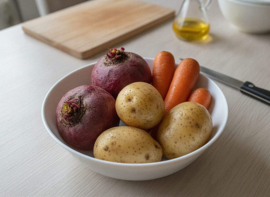Отварные свёкла, картофель и морковь в кожуре остывают в миске