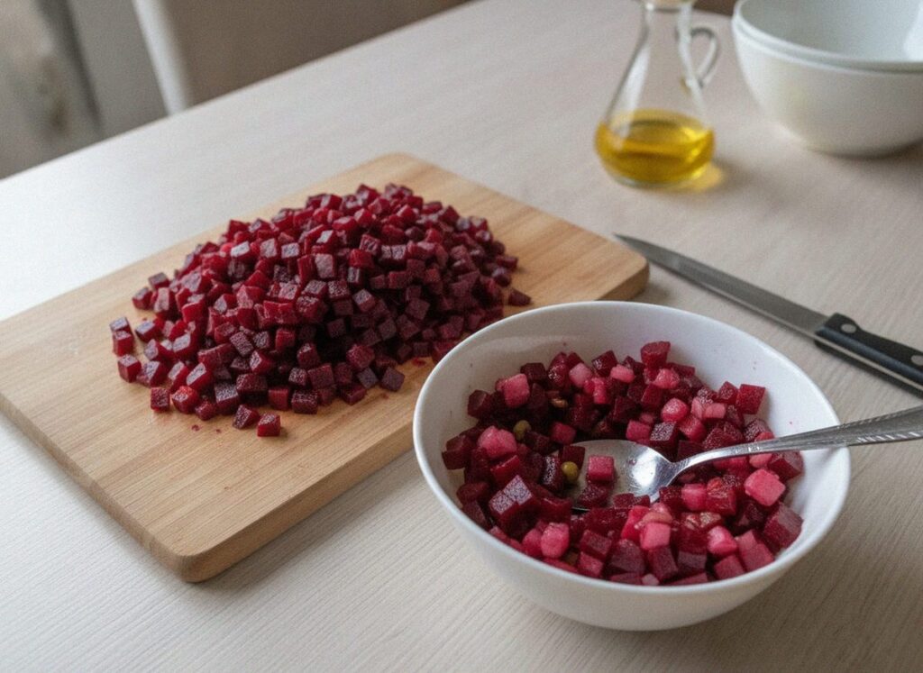 Свёкла для винегрета нарезана кубиком и перемешана с маслом в отдельной миске
