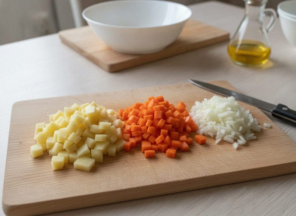 Нарезанные кубиком картофель и морковь и мелко порубленный лук на доске